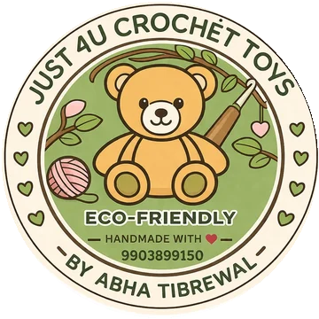 Just 4U Crochet Toys logo: eco-friendly, handmade with love, by Abha Tibrewal